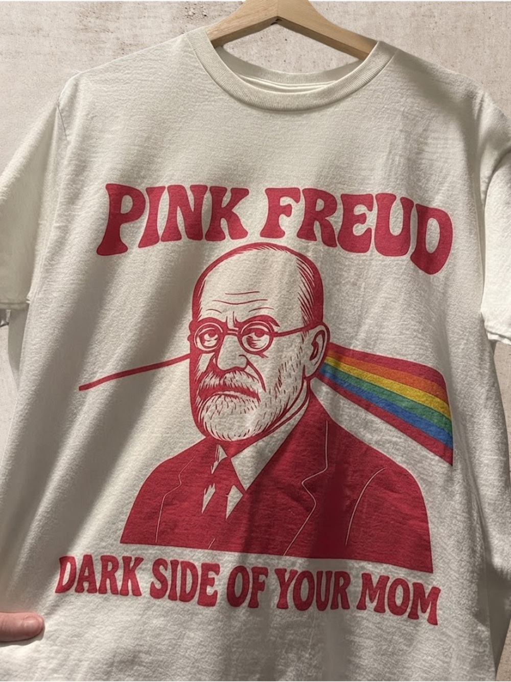 Gildan White Short-Sleeve Tee with Red 'Pink Freud' Graphic and Rainbow Detail